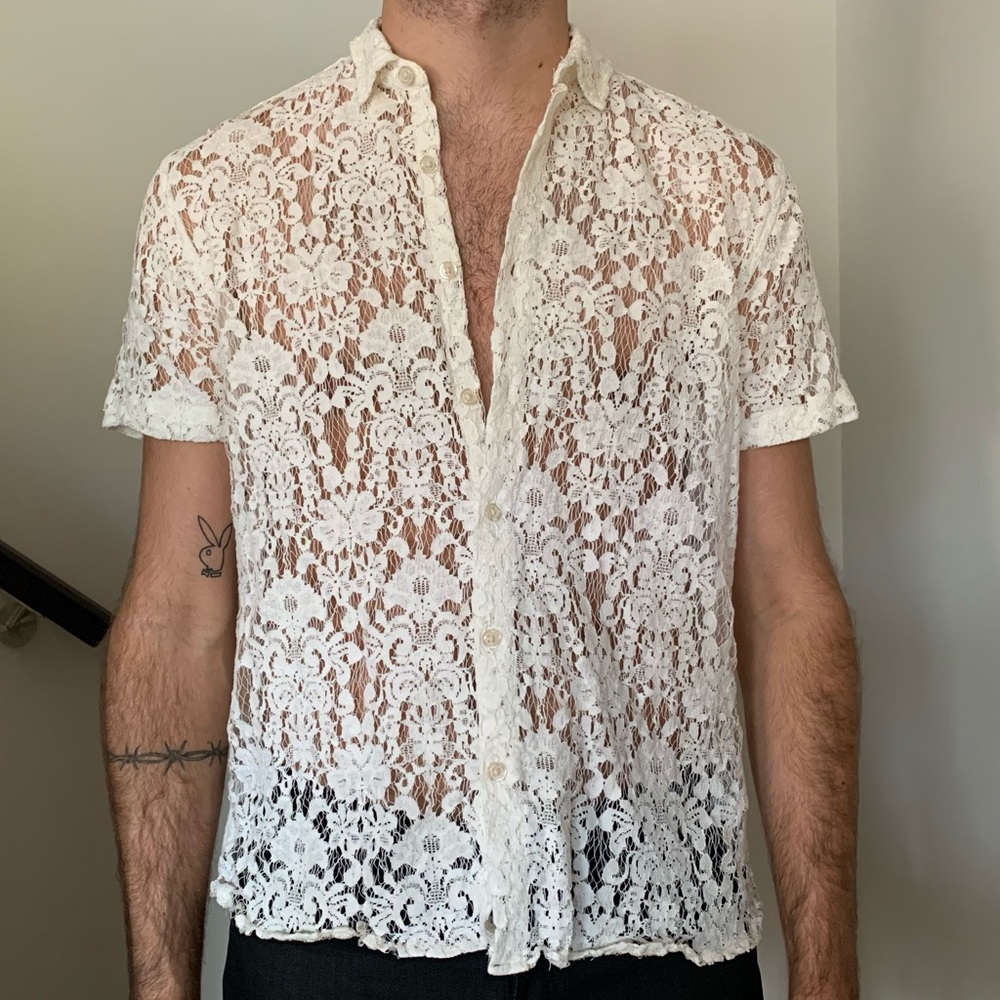 TOPMAN Lace Button Down Shirt, white/creme lace